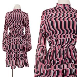 Et Vous Chevron Midi Dress Puff Sleeve Long Sleeve Size XL